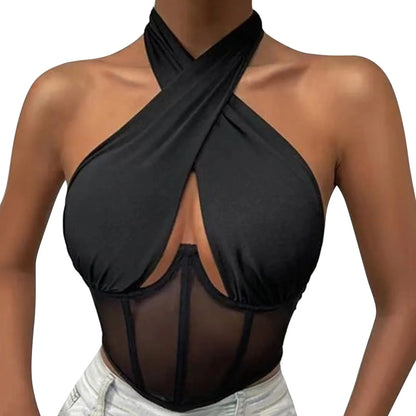 Women Sleeveless Fishbone Corset Vest Solid Hollow Out Cropped Top Summer Halter Backless Sexy Tops Y2k Camis Ropa De Mujer