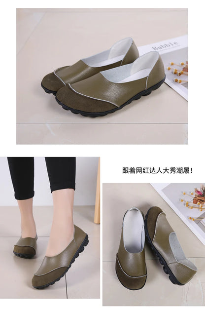 Women's shoes casual flat walking low heel loafers leather solid color large size casual single shoe work shoes44