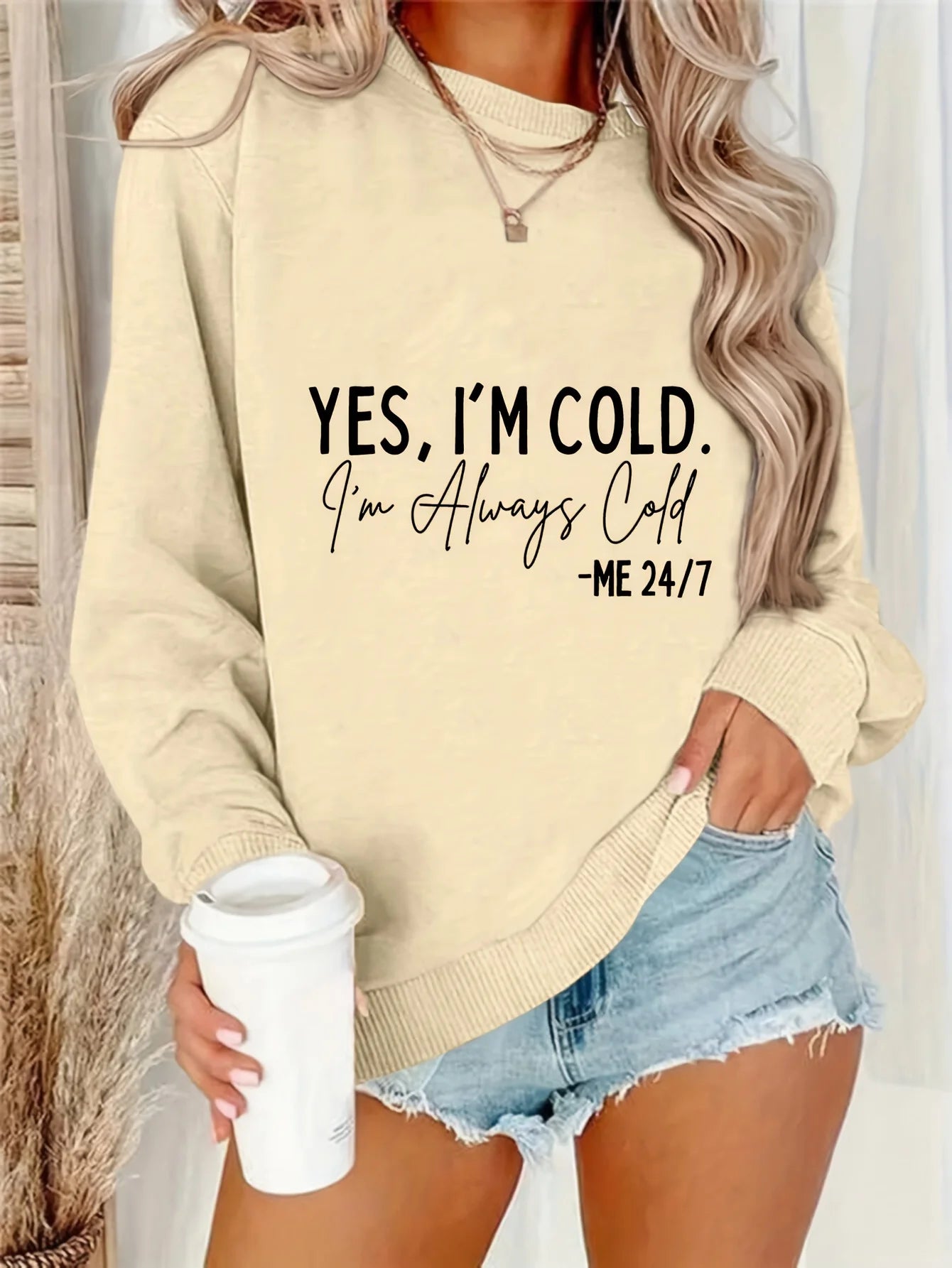 Spring Simply Style Women Sweatshirt Yes I'm Cold Letter Print Loose Sports Pullover Tops for Autumn