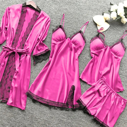 4 Pieces Pajamas Sets Satin Sleepwear Women Silk Nightwear Pyjama Strap Lace Sleep Lounge Pajama with Chest Pads