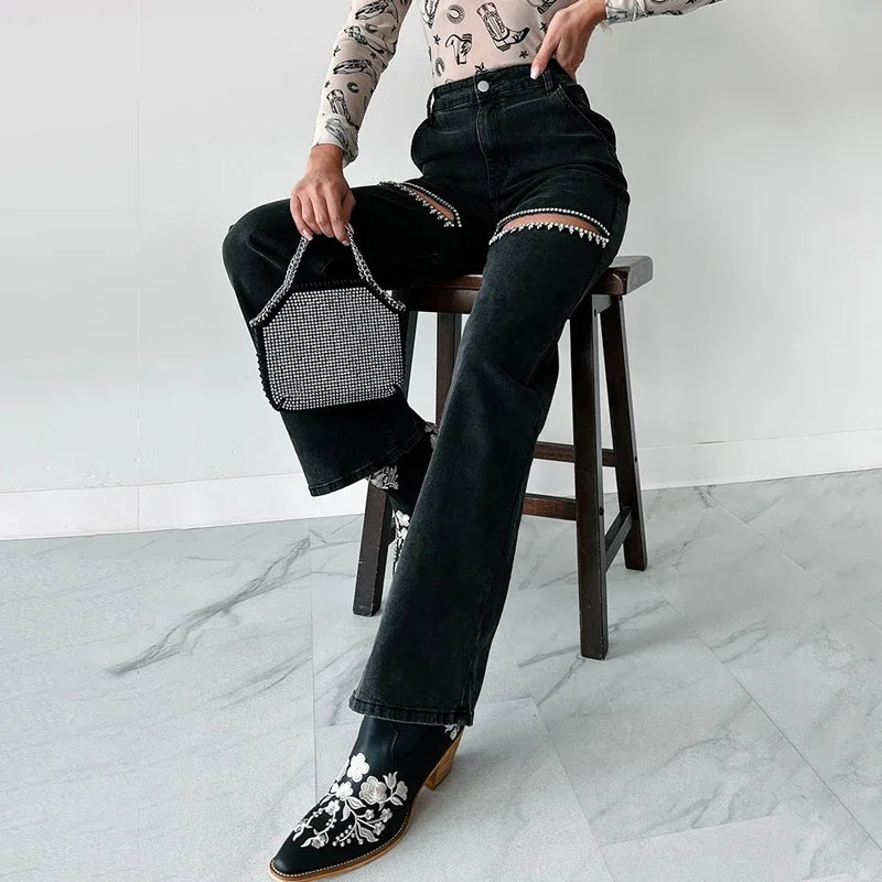 Women's Diamond Patchwork Slim Long Pants, Sexy Hollow Zipper Jeans, Casual High Waist Button Denim Trousers, Summer Fashion, 20