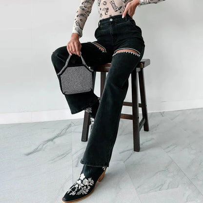 Women's Diamond Patchwork Slim Long Pants, Sexy Hollow Zipper Jeans, Casual High Waist Button Denim Trousers, Summer Fashion, 20