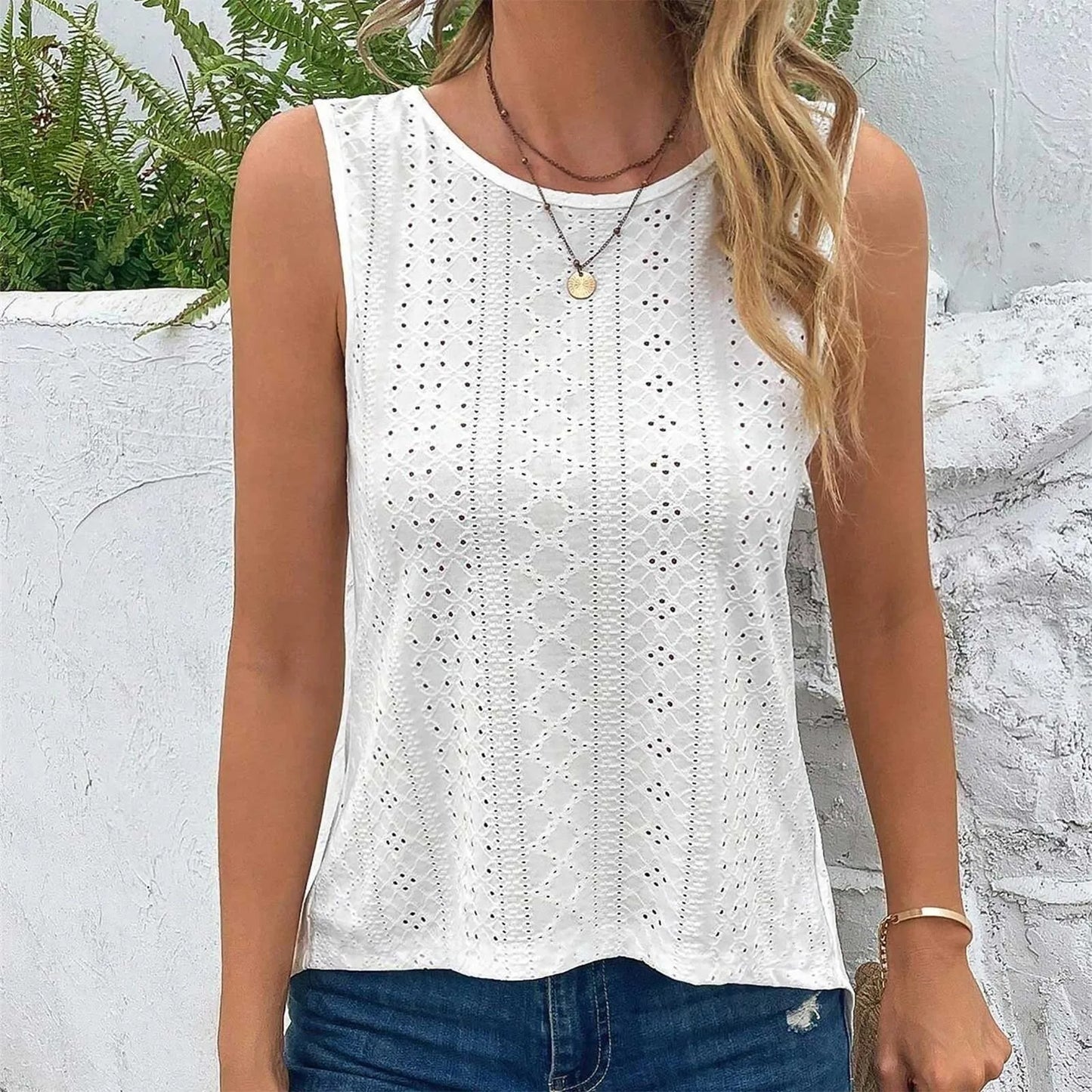 Summer White Blouse Shirts Violet Top Women Cross Back Fashion Solid Round Neck Sleeveless Casual Vest T Shirt Top Medium Short