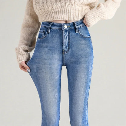 New Winter Women Snow Thermal Fleece Skinny Jeans Casual Lady Warm Velvet Thick Pencil Pants Female Basic Fleece Denim Trousers