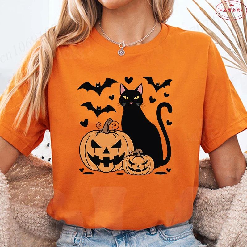 Black Cat Halloween Print Women's Summer T-shirt Casual Clothing Oversized Y2k Personality Short Sleeve Tops Spooky Season Tees