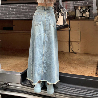 Retro High Waist Denim Skirt For Women Streetwear Y2k Korean Style Skirt Splicing Raw Edge Jeans With Pockets Large Size Skirt