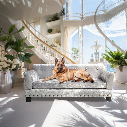 Luxury Velvet Tufted Dog Sofa Bed Large Elevated Pet Bed Upholstered Cushion Wooden Frame Raised Puppy Sofa Couch