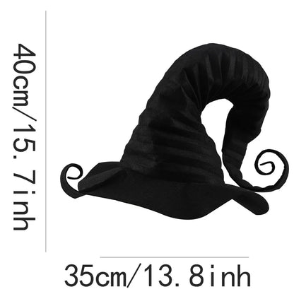 Handmade black witch hat for women with a unique twisted design and spiral accents