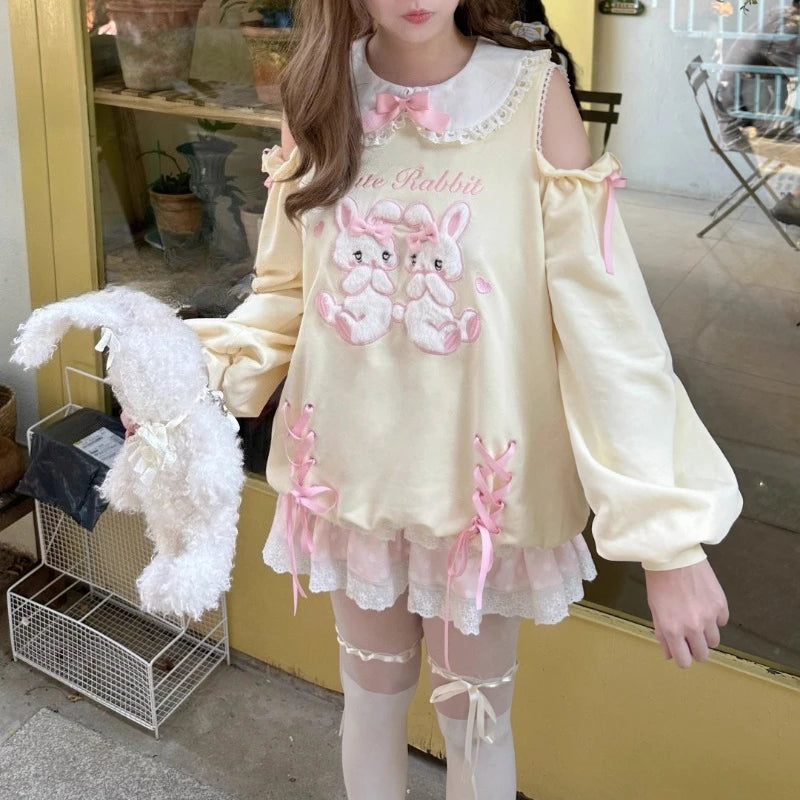 2026 Spring Japanese Cute T-shirts Women Casual Y2k Crop Top Kawaii Blouse and Mini Cake Skirts Outwear Lolita Vintage Tees Chic