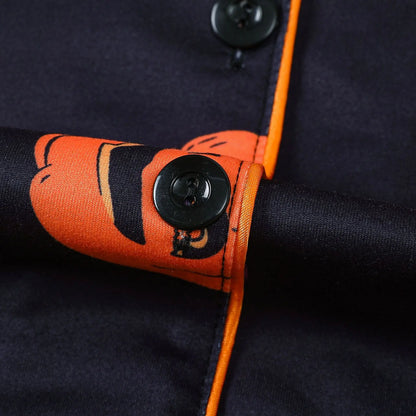 Women Halloween Pajama Set, Pumpkin Print Short Sleeve Button Closure Top with Shorts Sleepwear Loungewear