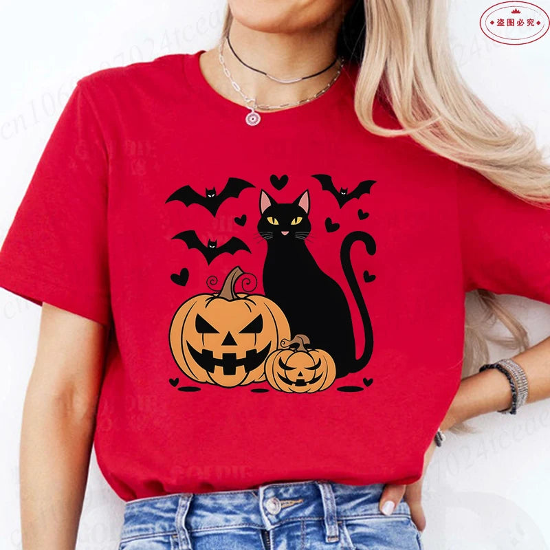 Black Cat Halloween Print Women's Summer T-shirt Casual Clothing Oversized Y2k Personality Short Sleeve Tops Spooky Season Tees