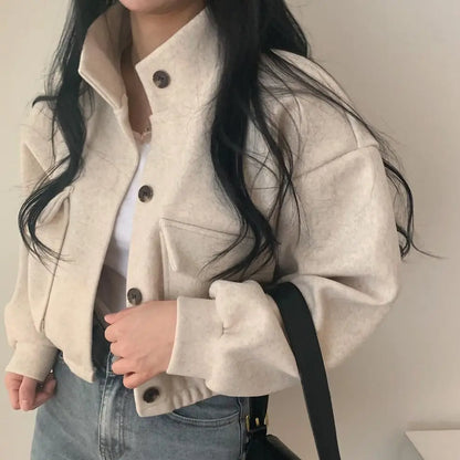 Autumn and Winter Loose Wool Coat for Women's Pocket Stand Collar Top Long Sleeve Button Hong Kong Style Wool Coat