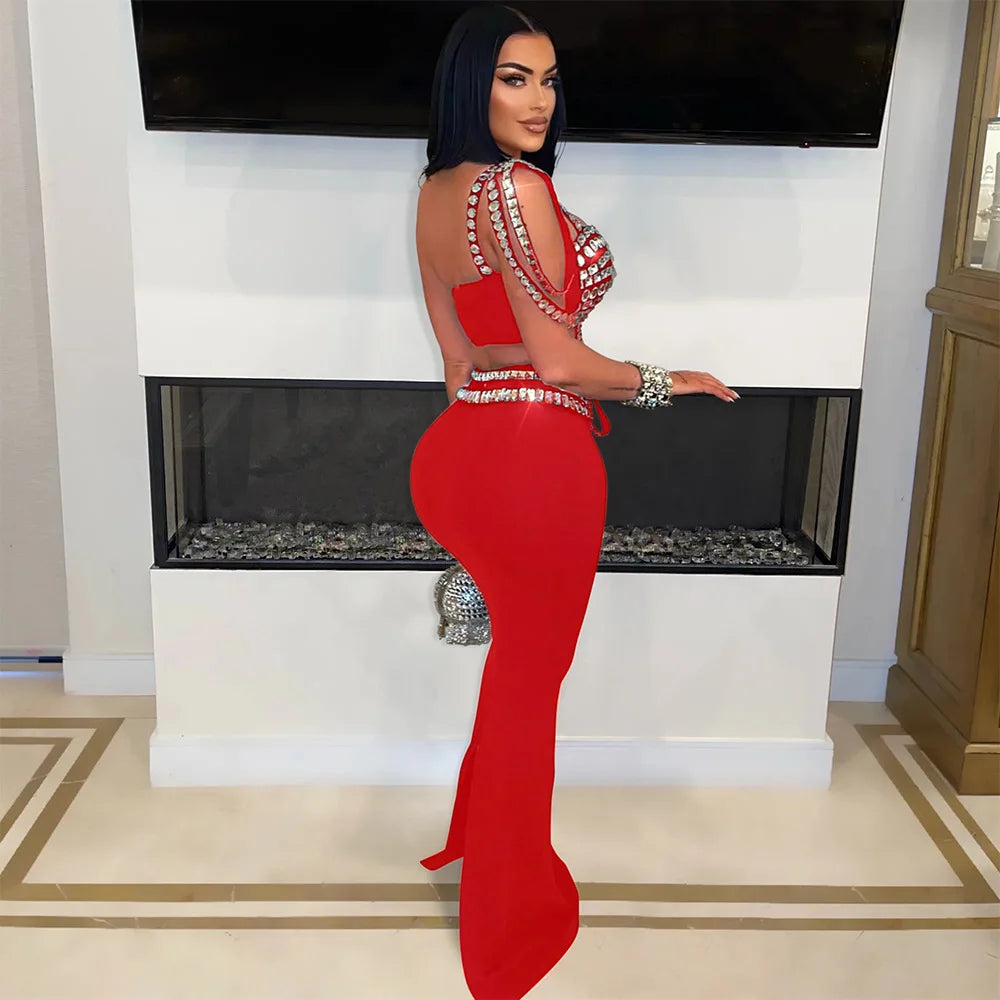 Rhinestone Dress 2 Piece Skirt Sets Elegant Luxury Long Dress 2024 Summer Clothes Sexy Club Outfit Crop Top Two Piece Skirt Sets