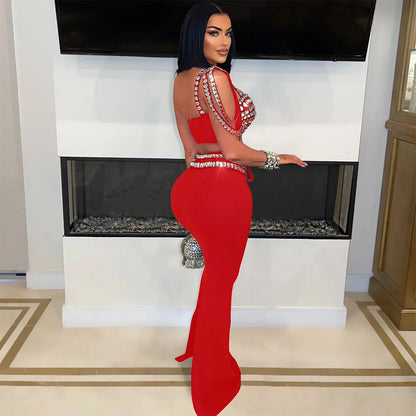 Rhinestone Dress 2 Piece Skirt Sets Elegant Luxury Long Dress 2024 Summer Clothes Sexy Club Outfit Crop Top Two Piece Skirt Sets