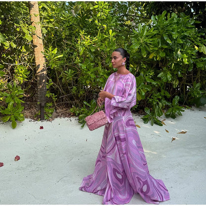 Geometric Print Cape Women's Set Loose Batwing Sleeve Top Flowy Maxi Skirt 2025 Summer Elegant Suit Holiday Fashion Lady Sets