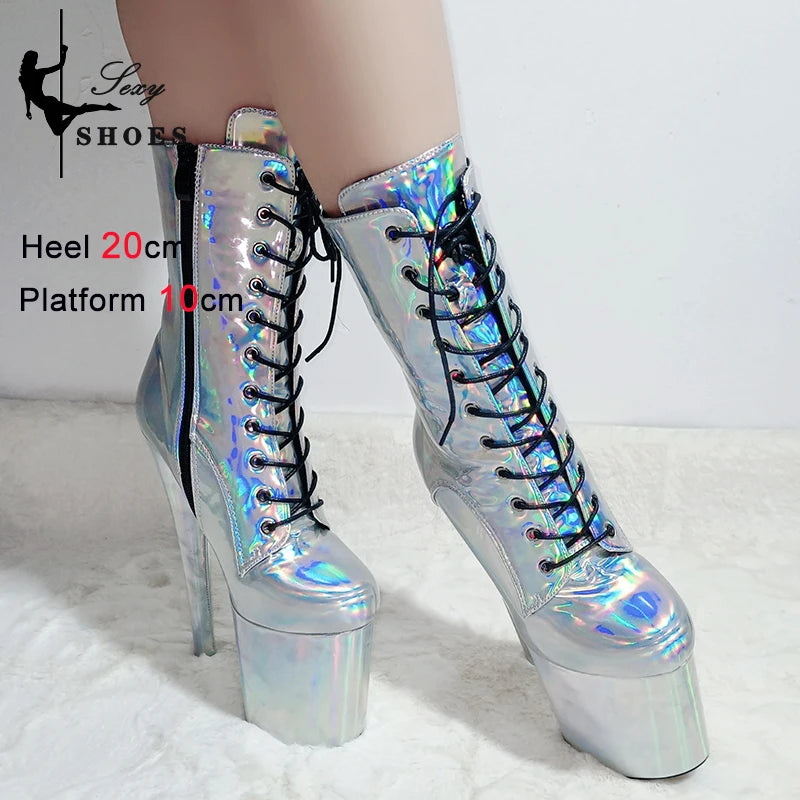 New Gold Shoes for Women 2025 Platform Heels Pole Dance Stripper 20cm/8Inch Sexy Ankle Boots Round ToeThin Heels Ladies Shoes