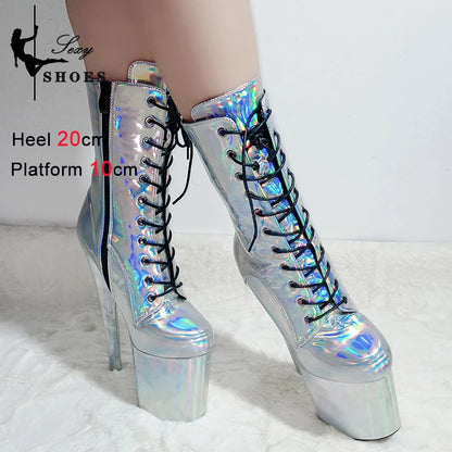 New Gold Shoes for Women 2025 Platform Heels Pole Dance Stripper 20cm/8Inch Sexy Ankle Boots Round ToeThin Heels Ladies Shoes