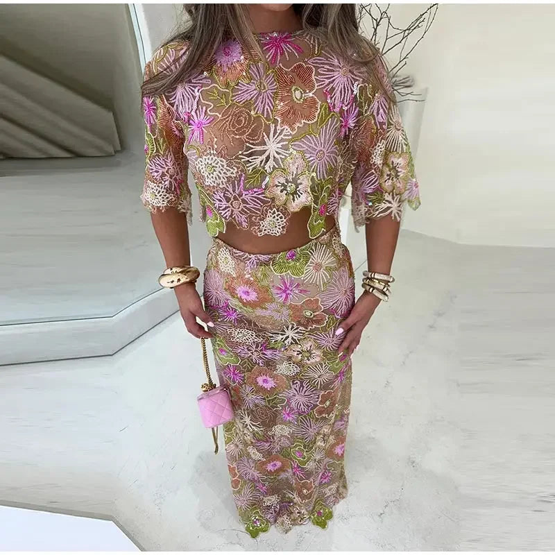 See Through Print Tank Top Women Set Urban Hollow Out O-neck Top Hip Package Skirts 2025 Summer Holidays Beach Lady Outfit