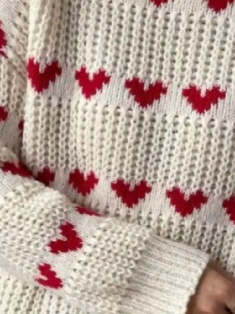 Autumn/Winter New Arrivals European & American Style Pullover Sweater Loose-Fit Heart-Pattern Jacquard Knitwear for Women