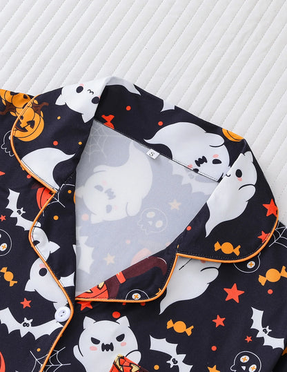 Women Halloween Pumpkin Bat Print Pajama Set,Breathable Lapel Loungewear Short-Sleeved Roll-Neck Shirt and Loose Shorts S-XXL