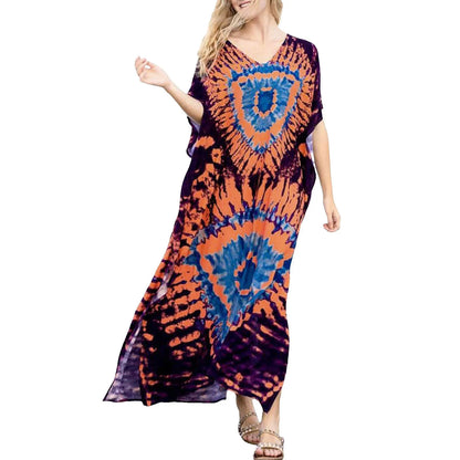 Womens Plus Size Kaftans Casual V Neck Puff Sleeve Boho Loose Floral Long Soft Beach Maxi Summer Swing Party Dresses For Women