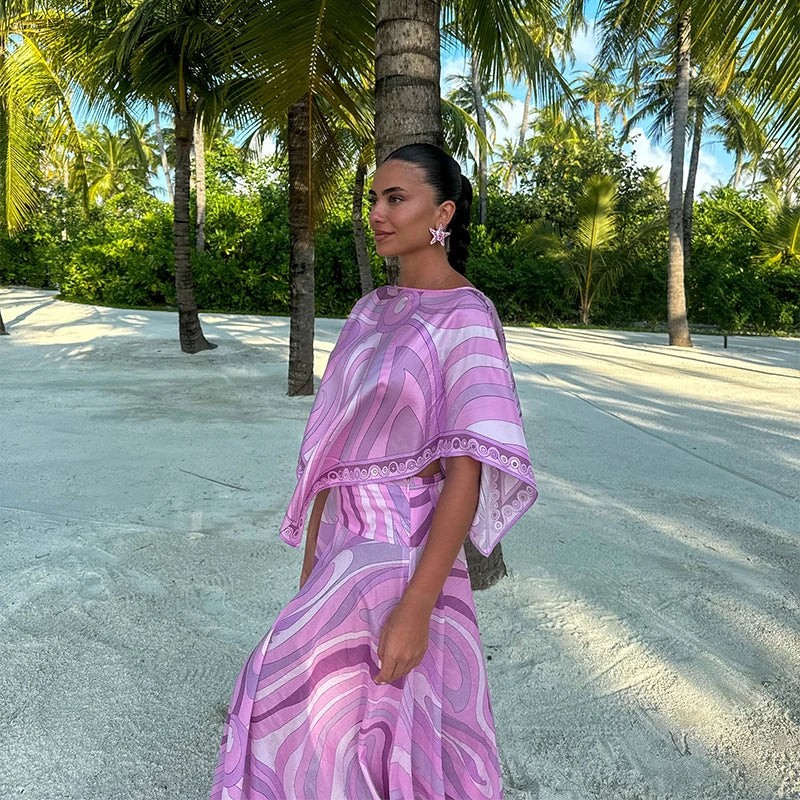 Geometric Print Cape Women's Set Loose Batwing Sleeve Top Flowy Maxi Skirt 2025 Summer Elegant Suit Holiday Fashion Lady Sets