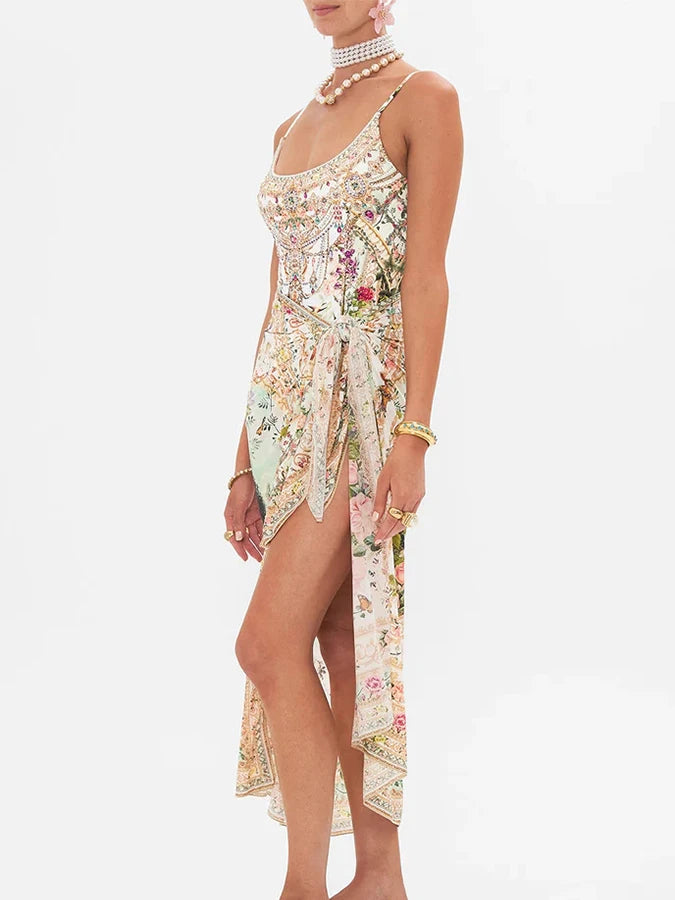 Fashion Floral Print Vintage Elegant Oil Print One Piece Women's Bikini Swimsuit U Neck Backless With Long Cover Up 2024 Summer