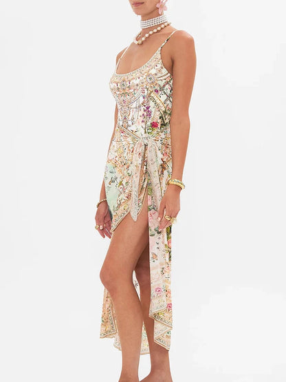 Fashion Floral Print Vintage Elegant Oil Print One Piece Women's Bikini Swimsuit U Neck Backless With Long Cover Up 2024 Summer