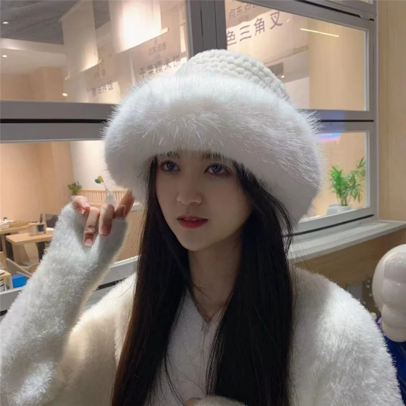 HOES-Women's Bucket Hat Plush Protection From Cold Fashionable Winter Hat For Women Winter Cap -Black