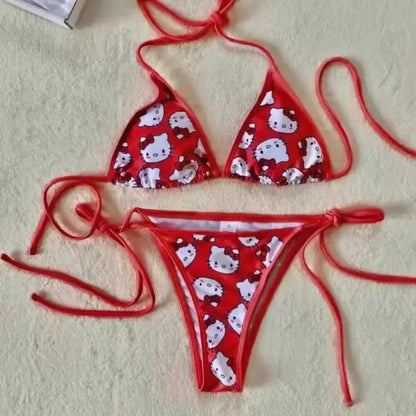 Hello Kitty Bikinis Set Kawaii Y2K Summer 2024 New Women Swimsuit Beach Strappy Panties Sexy Swimwear for Girl