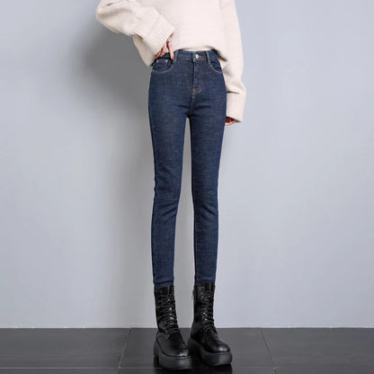New Winter Women Snow Thermal Fleece Skinny Jeans Casual Lady Warm Velvet Thick Pencil Pants Female Basic Fleece Denim Trousers