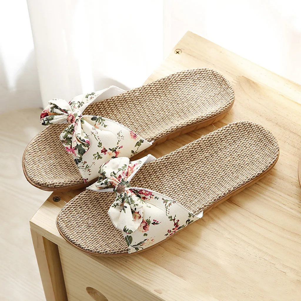 Women Summer Casual Slides Comfortable Flax Slippers Floral Bow Linen Flip Flops Platform Sandals Ladies Indoor Shoes