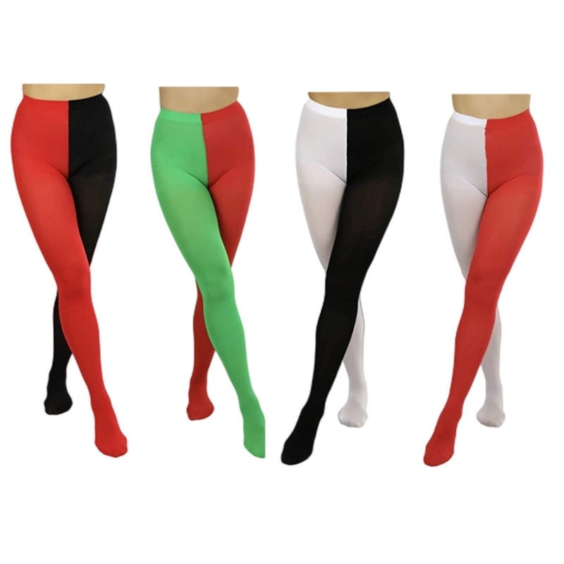 Colorful two-toned Halloween tights for women in black, green, red, and white patterns for festive outfits