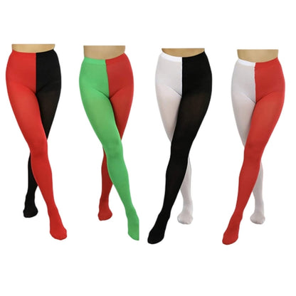 Colorful two-toned Halloween tights for women in black, green, red, and white patterns for festive outfits