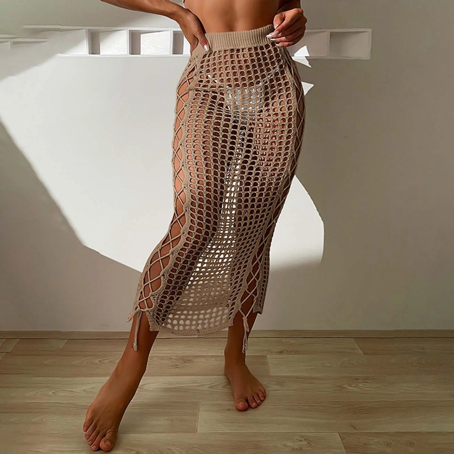 Summer Vacation Beach Cover Ups Women Crochet Knitting Skirts Sunscreen Solid Color High Waist Bodycon Hollow Out Long Skirt