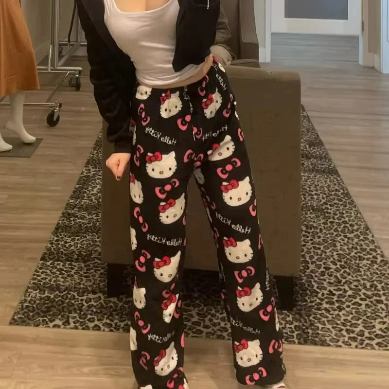 2025 New HelloKitty Outerwear Autumn/Winter Plush Sleeper Pants Women's Warm Pants Flannel Home Pants Soft Warm Sleeper Pants