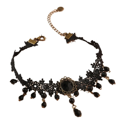 Vintage Classic Gothic Black Lace Choker Necklace with Imitation Crystal Pendant Charm for Women Boho Style Christmas Gift