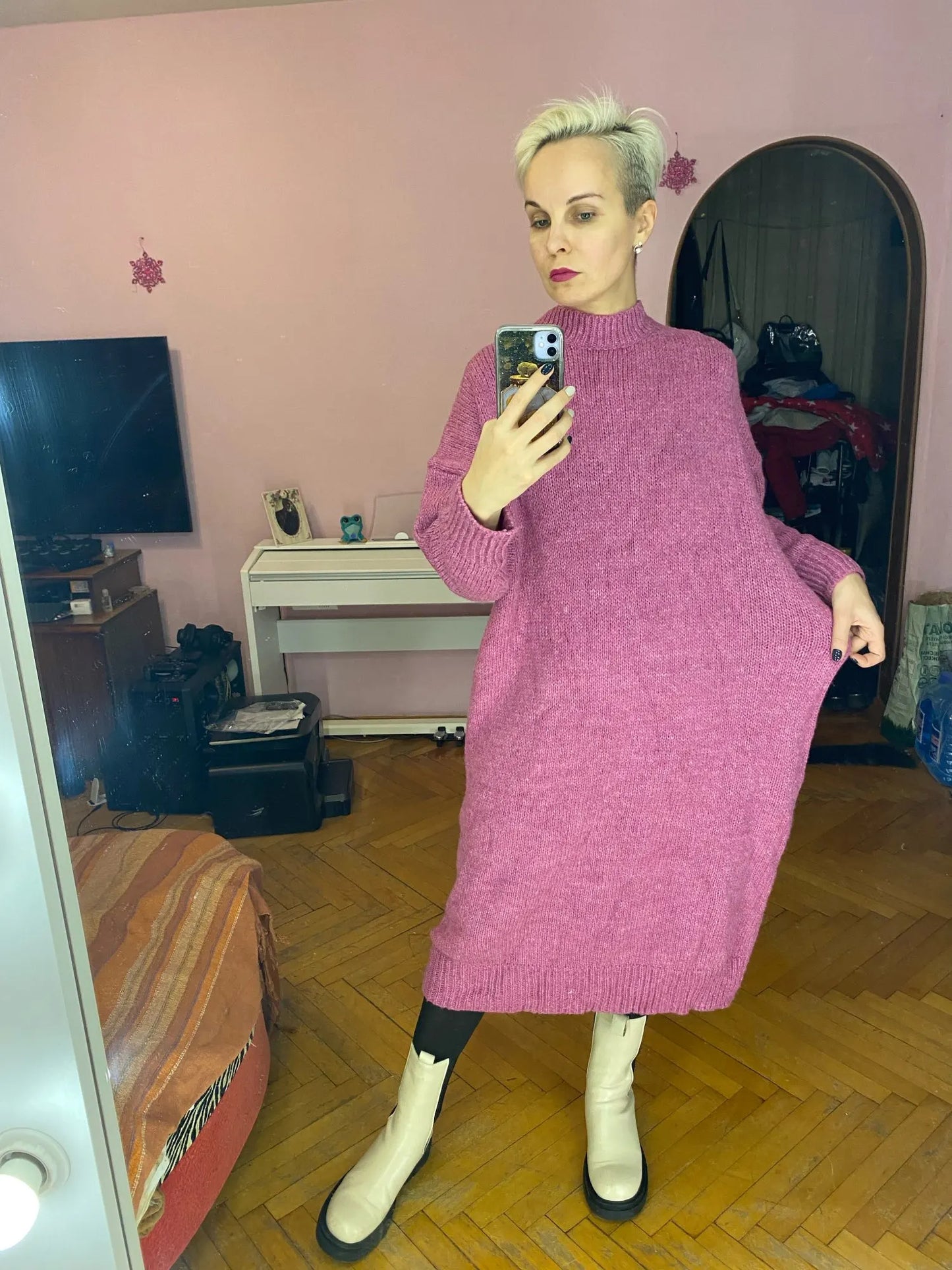 Winter Women Dress Fall Sweater Women Dress Long Sleeve Knitted Dresses Maxi Vintage Oversize Dresses Knitting Thick Warm Purple