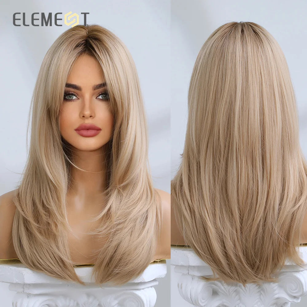 Element Medium Length Synthetic Straight Natural Brown Wigs with Side Bangs Heat Resistant Party Wigs for White/Black Women