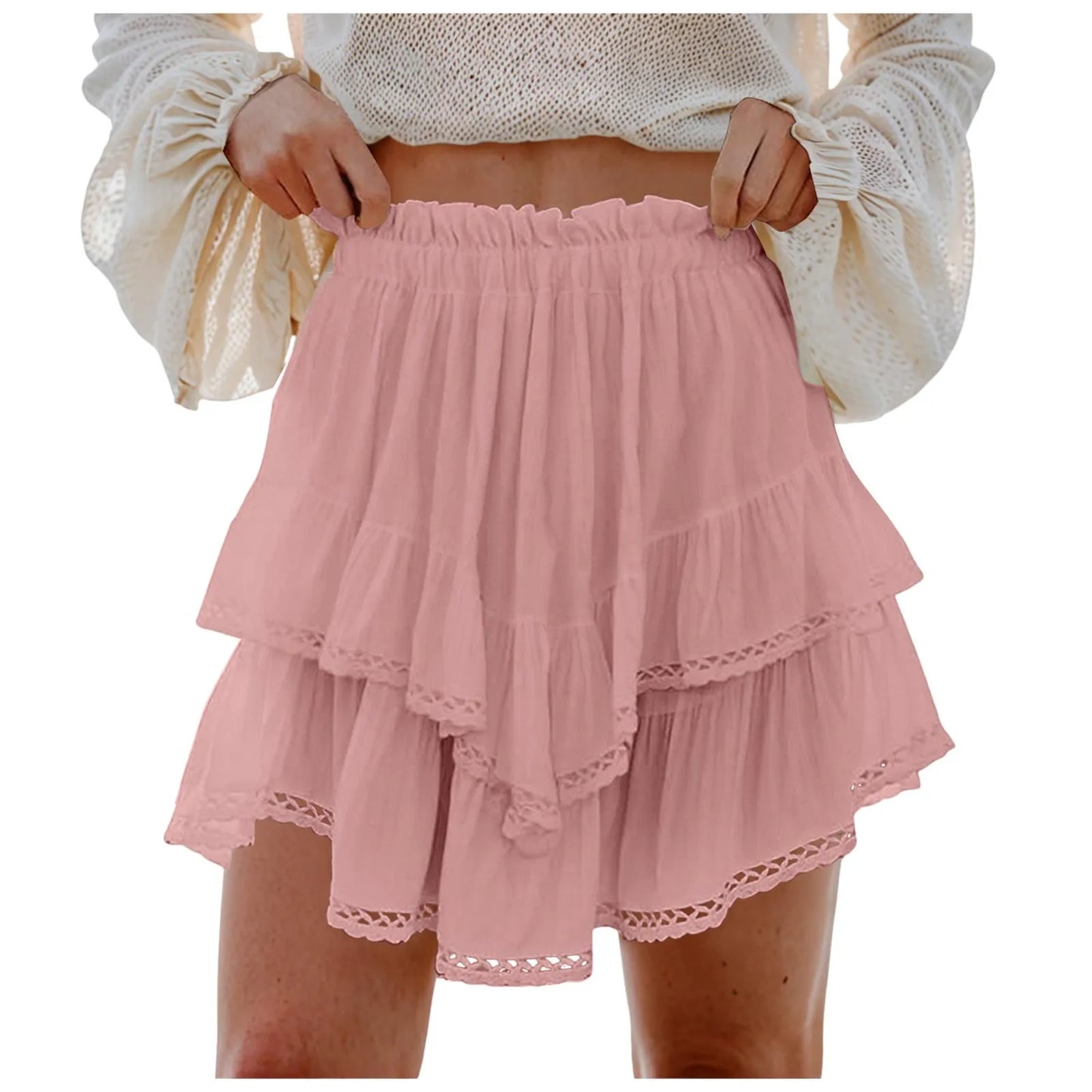 Women Flowy Ruffled Layered Shorts Elastic High Waist Pleated Mini Skirt Bohemian Crochet Skirt