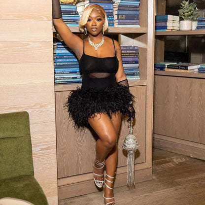 HLJ Black Sexy Mesh Perspective Patchwork Party Nightclub Dresses Women Thin Fur Mini Suspended Dress Female Halloween Clothing