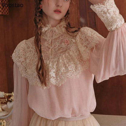 France Style Elegant Sweet 2 Piece Set Women Vintage Lace Patchwork Long Sleeve Blouse Top Mesh Skirt Suit Female Lolita Outfits