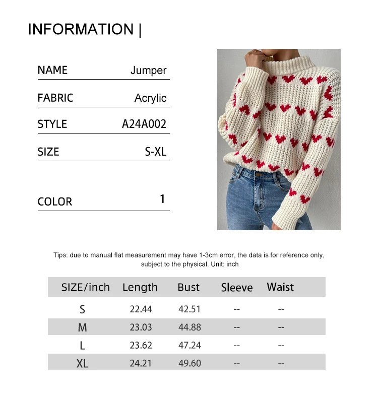 Autumn/Winter New Arrivals European & American Style Pullover Sweater Loose-Fit Heart-Pattern Jacquard Knitwear for Women