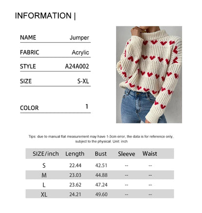 Autumn/Winter New Arrivals European & American Style Pullover Sweater Loose-Fit Heart-Pattern Jacquard Knitwear for Women