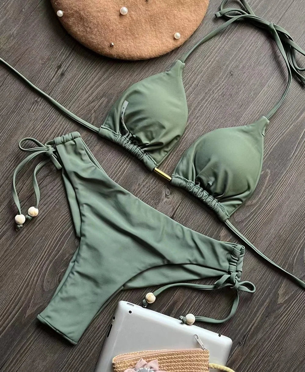 2025 New Sexy Triangle Bathing Suit for Women Brazilian Bikinis Halter Swimwear Push Up Swimsuit Metal Chain Beach Bikini Set