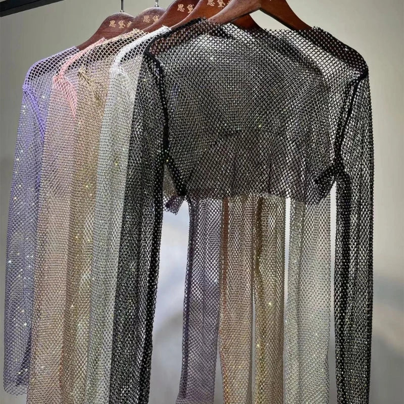 Women Colorful Rhinestones Long Sleeve Crop Top Sparkly Glitter Drill Shawls Shrug See Through Fishnet Cover Up Clubwear