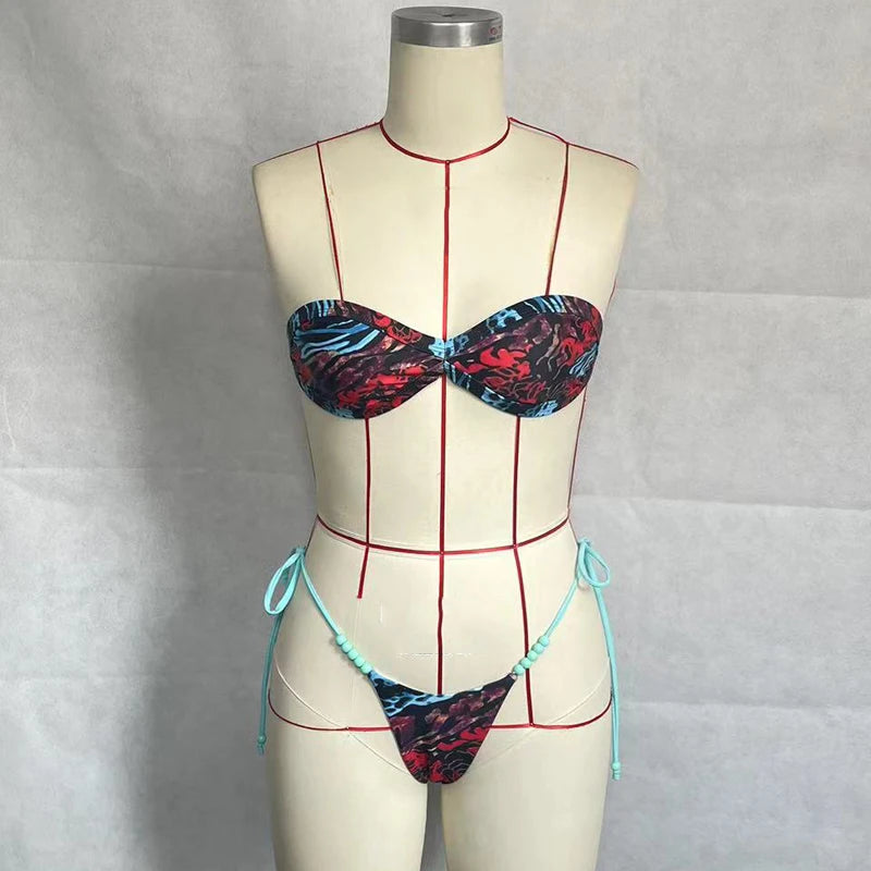 BEACHCICI Women's Bikini Two Piece Sexy Printed Tube Top High Waist Tie up Slim Lace Up Backless Thong Beach Holiday Swimsuit