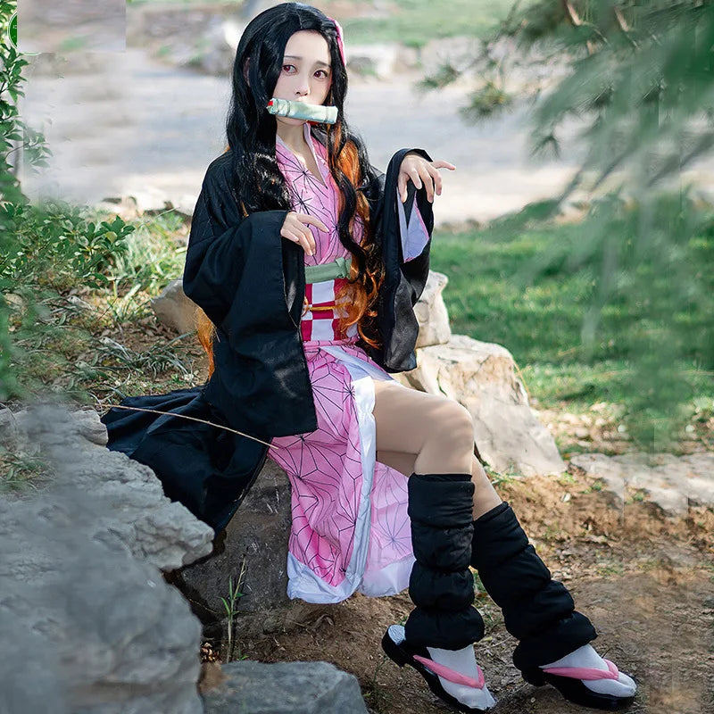Demon Slayer Nezuko cosplay costume featuring pink and black design with elegant details for fans