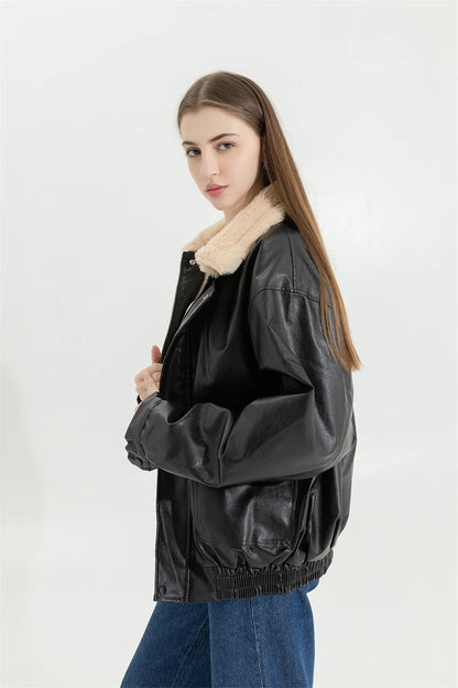 Winter Women's Fur Leather Jacket Long Sleeved Loose Warm Lamb Wool Vintage Thickened Locomotive Lapel Female PU Motorcycle Coat