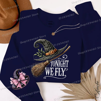 EtherealBe Halloween witch hat sweatshirt for women featuring a whimsical design with a broomstick and text